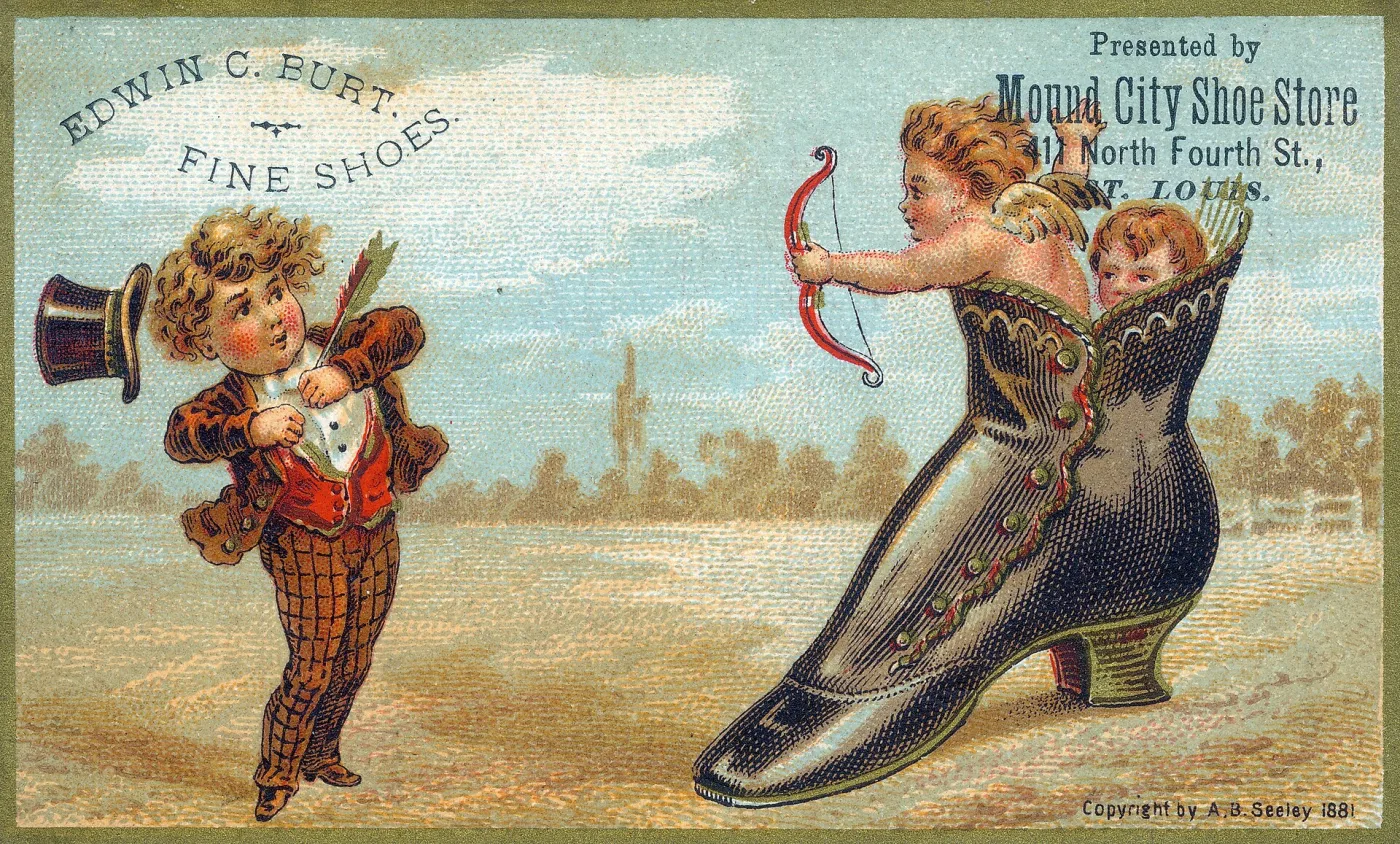 Colour advertising card of 1881 with a cupid figure aiming a bow beside an enormous lady's boot, a top-hatted figure at the left, and shop and maker names printed across the top corners