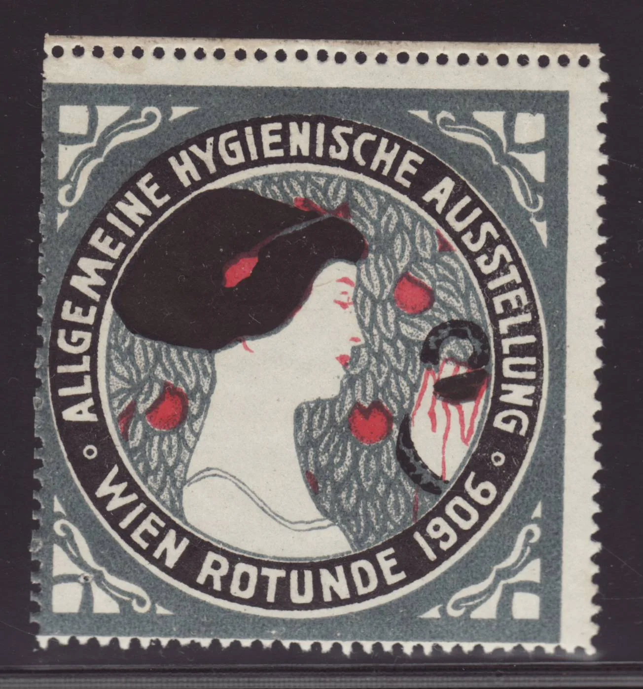Poster stamp with a perforated edge showing a woman's head in profile among stylised red flowers, lettered Allgemeine Hygienische Ausstellung Wien Rotunde 1906
