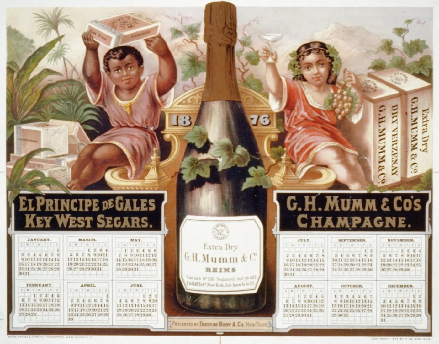 Colour lithographed advertising calendar for 1876 showing a boy holding a box of cigars and a girl with grapes and a champagne glass either side of a large bottle, with calendar months printed down both edges