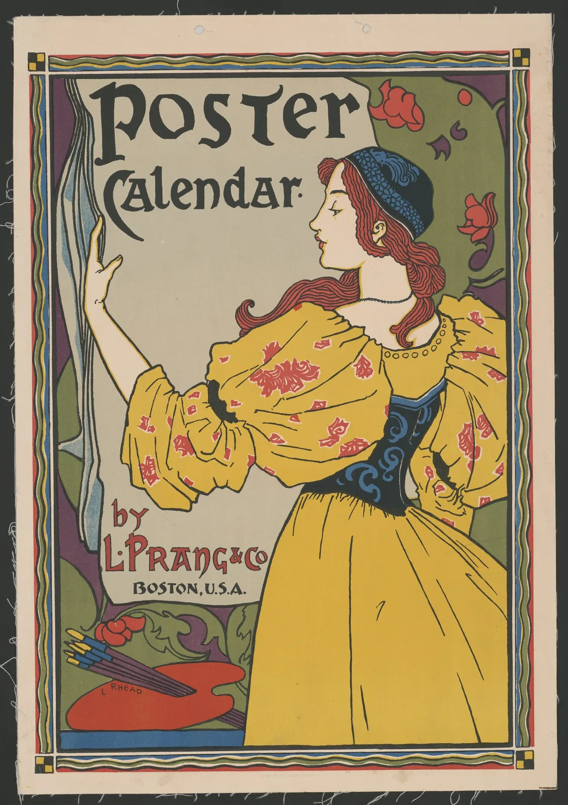 Art Nouveau poster calendar of 1897 showing a woman in a yellow patterned dress and blue bonnet holding up a sheet lettered Poster Calendar, printed in flat areas of ochre, green and blue