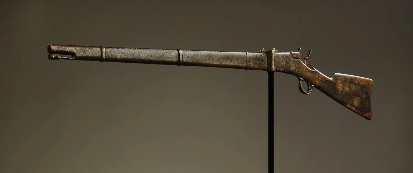 A long low weathervane in the form of a rifle, cast in bronze, displayed horizontally on a stand