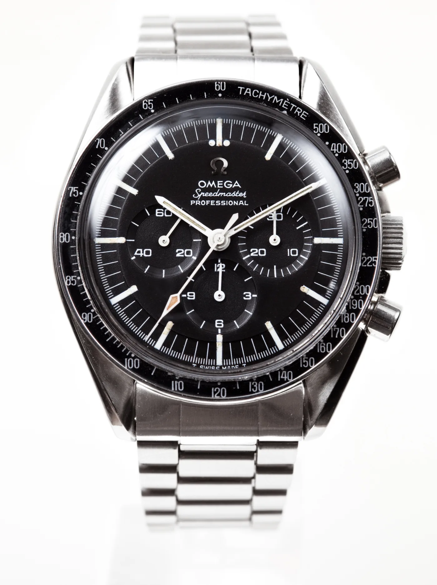 Omega Speedmaster Professional chronograph with a black dial, three subdials, tachymetre bezel and a steel bracelet