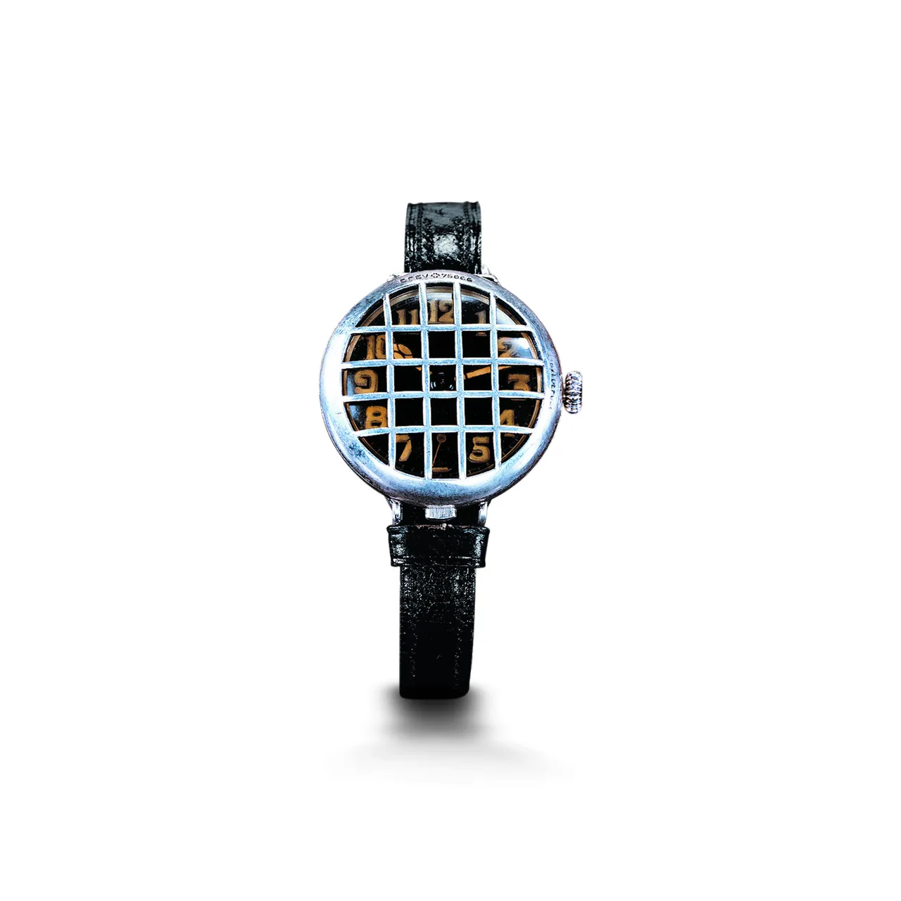 Silver wristwatch with a hinged pierced metal grille fitted over the crystal, protecting a black dial with luminous numerals