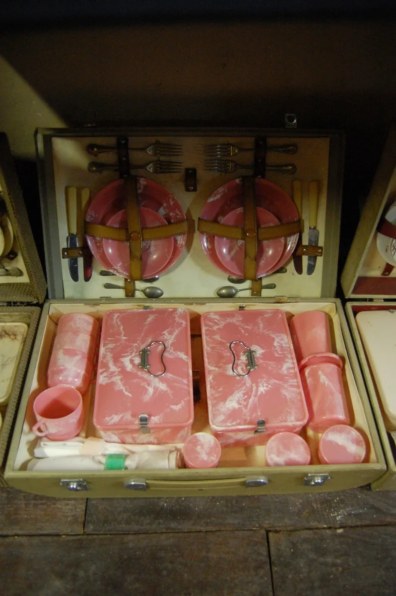 Open picnic case fitted out with pale pink and blue plastic beakers, flasks and boxes held in shaped compartments, displayed in a museum