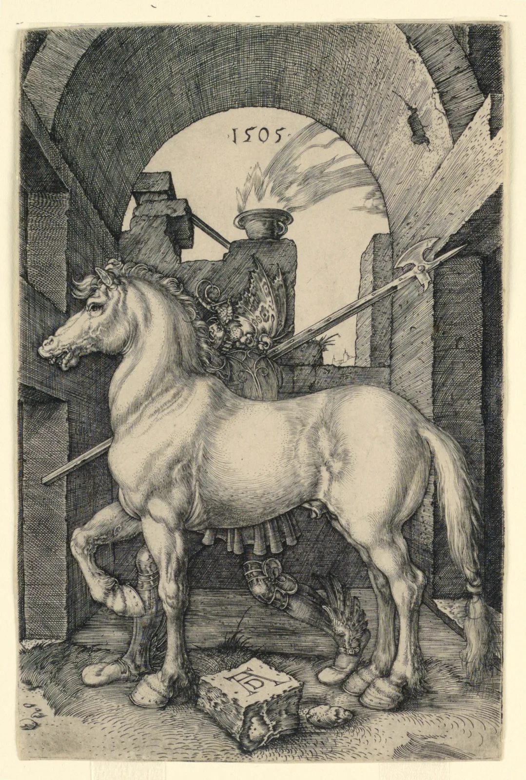 Engraving of a small horse standing in profile within a stone archway, a helmeted warrior behind it, the date 1505 in the arch and an AD monogram on a tablet at the lower centre, printed on paper with a clear rectangular indentation around the image