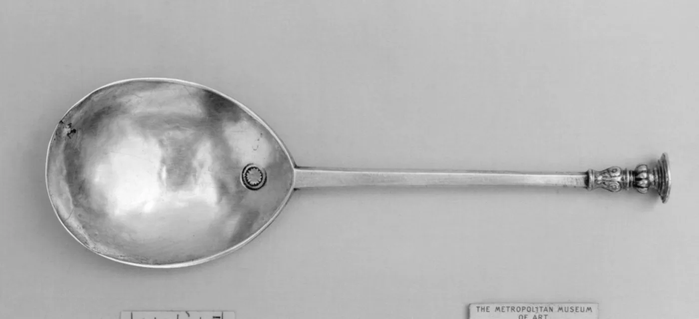 English seal-top spoon of about 1580 with a small circular hallmark struck inside the bowl