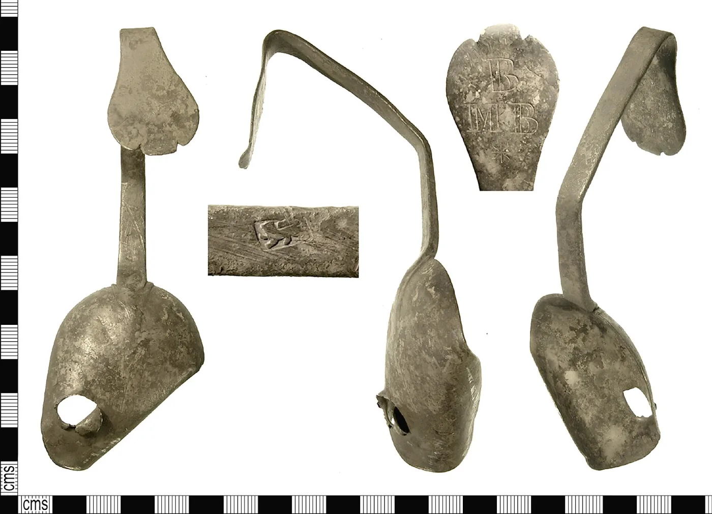 Four views of an excavated English silver spoon with a rounded terminal, alongside an enlarged photograph of the maker's mark struck on the stem
