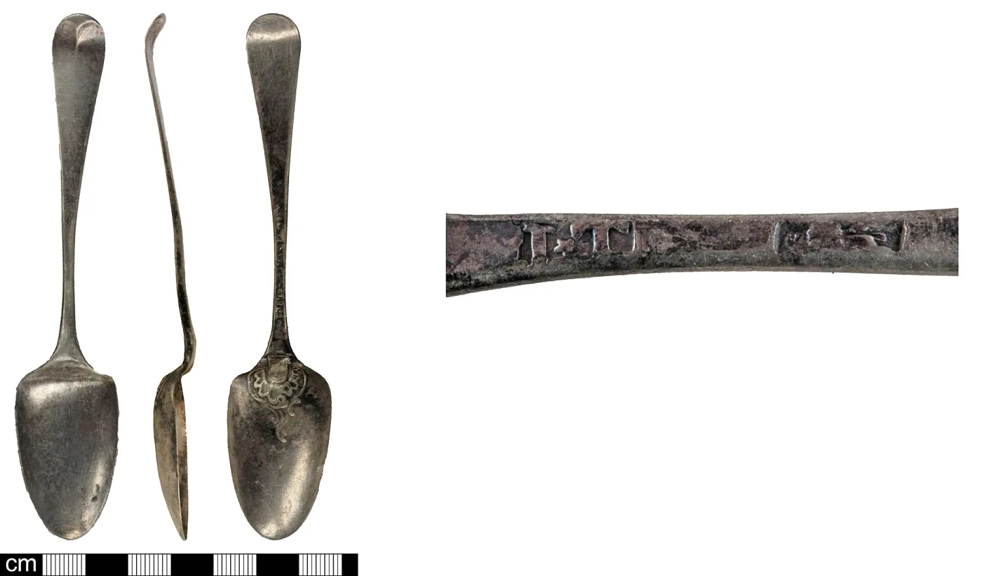 Four views of an English silver spoon of 1761 to 1766 including a shell ornament struck at the heel of the bowl and a close-up of hallmarks on the stem