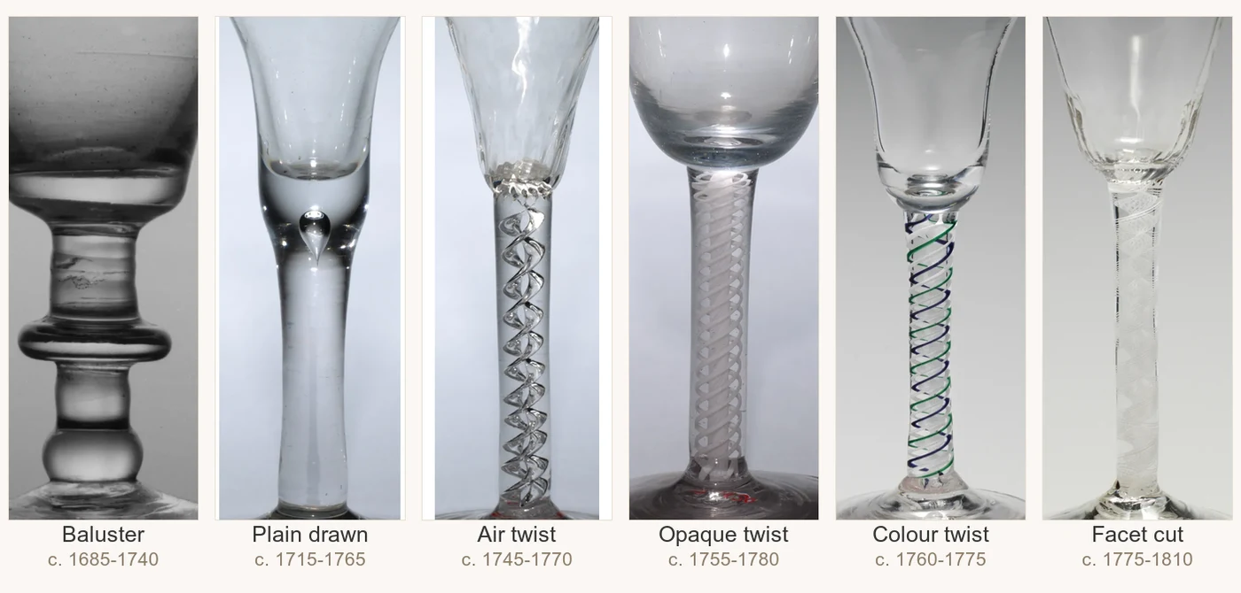 Six English wine glass stems photographed in date order: a heavy knopped baluster, a plain drawn stem with a tear, a silvery air twist, a white opaque twist, a blue and green colour twist, and a diamond facet-cut stem