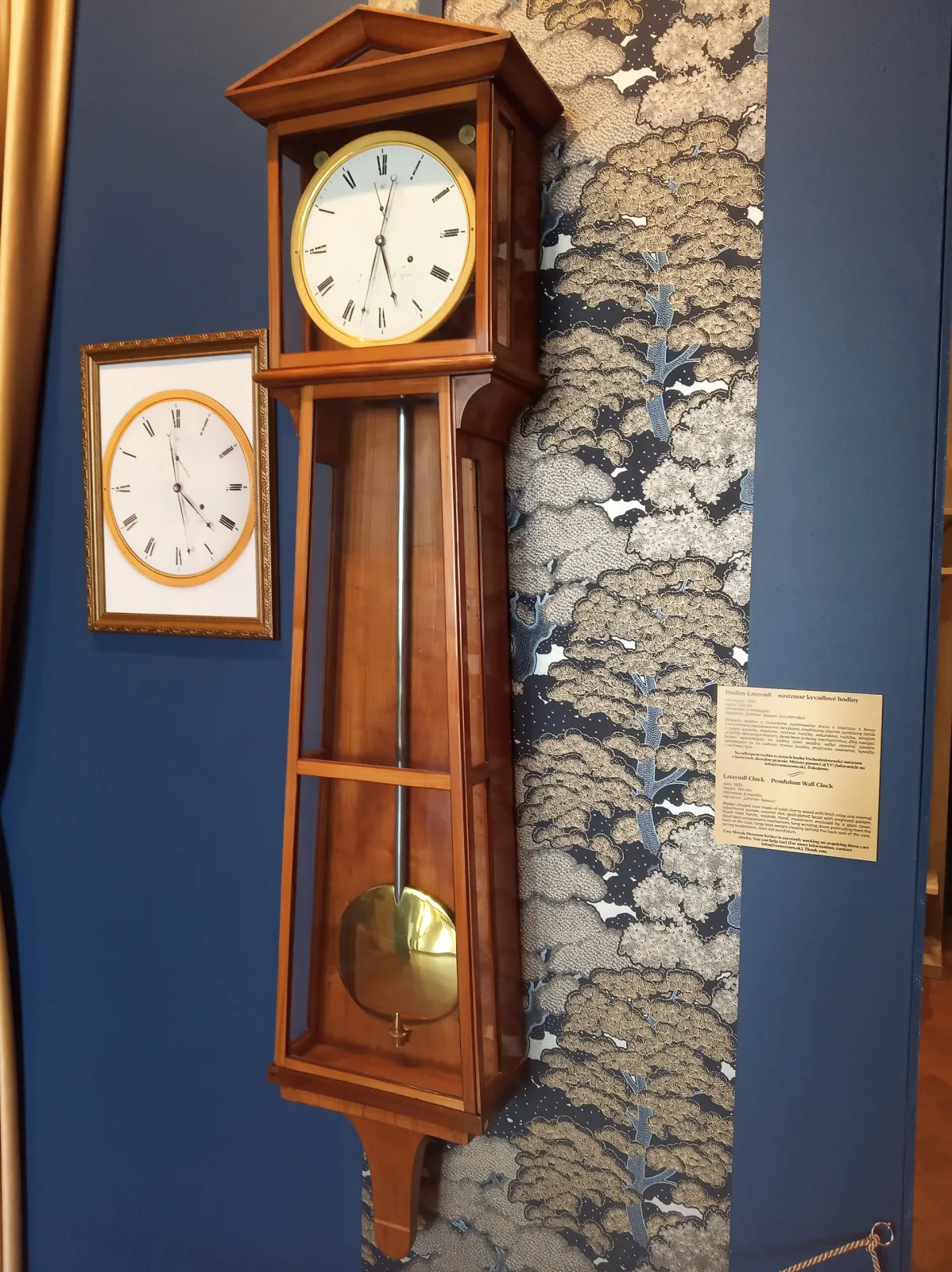 Tall glazed wall clock in a light cherry case with a triangular pediment, a white enamel dial in the head and a large brass pendulum bob in the wedge-shaped lower section, hanging on a dark blue exhibition wall