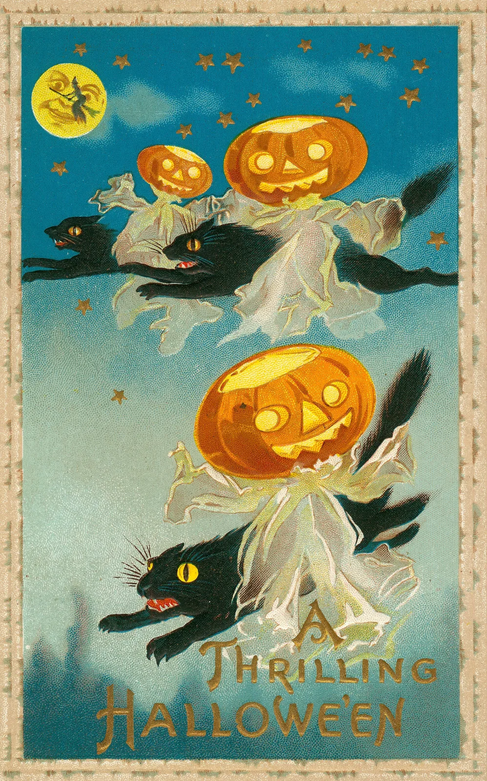 Embossed colour-lithographed Halloween postcard on a teal ground, showing three jack-o'-lantern-headed figures in white shrouds riding black cats, a witch silhouetted against a yellow moon, gilt stars and the gilt words A Thrilling Hallowe'en