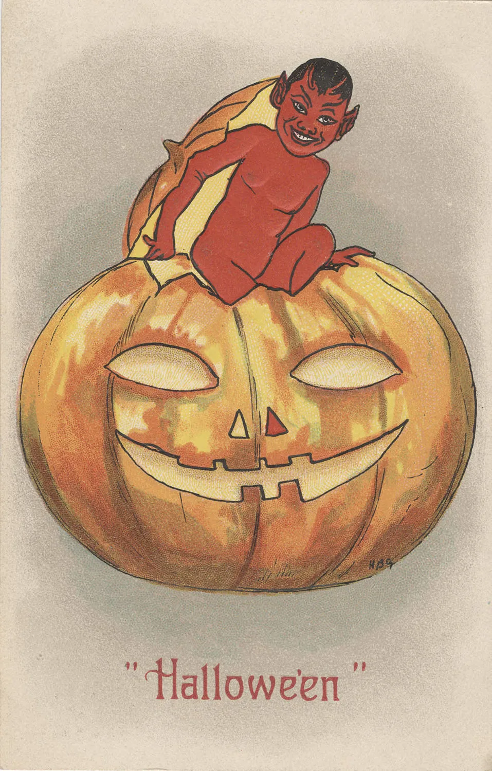 Halloween postcard of a small red imp with pointed ears perched on top of a large carved jack-o'-lantern, the word Hallowe'en in red script below, with a small monogram HBG on the pumpkin at lower right