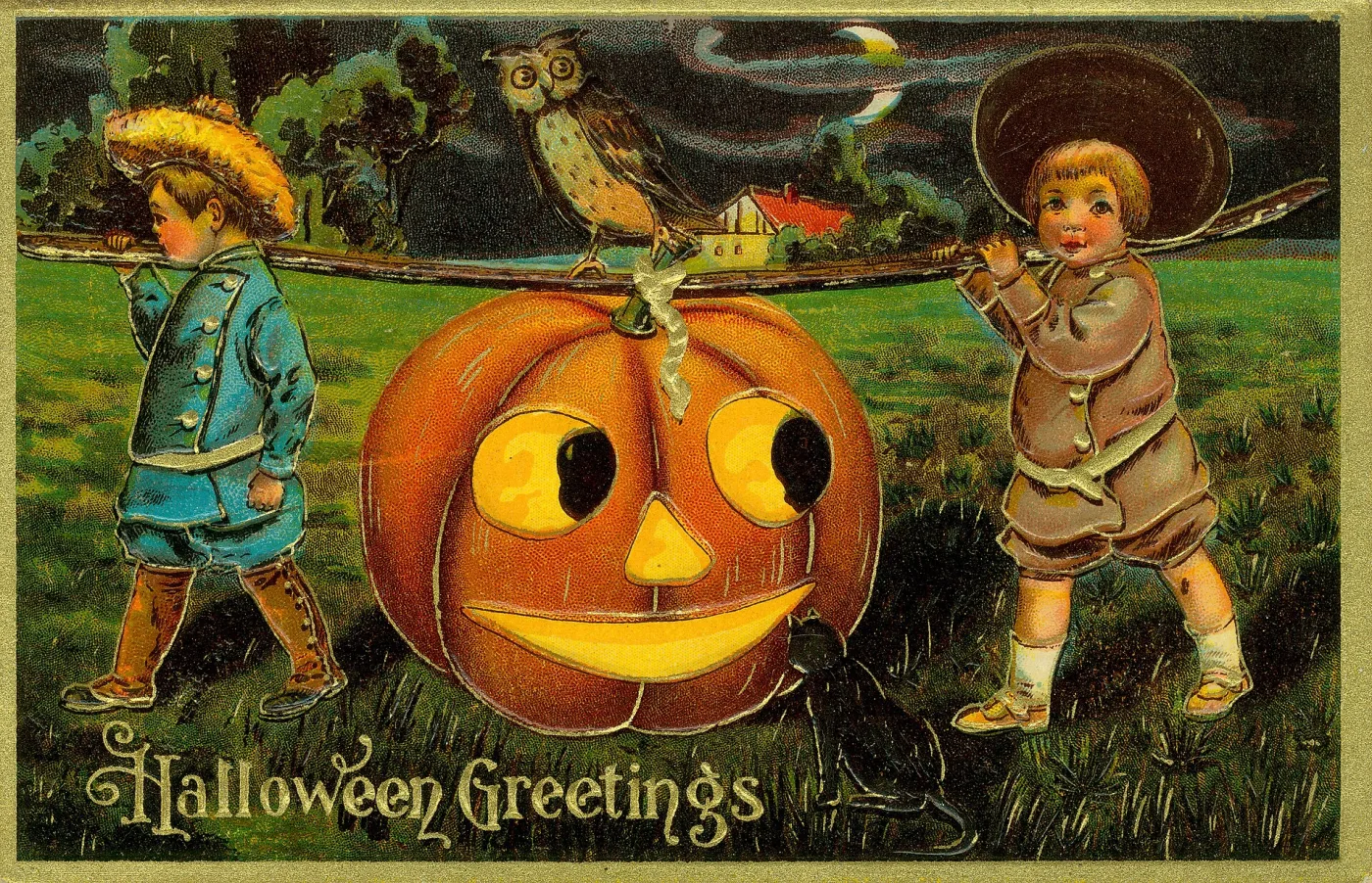 Richly coloured embossed Halloween postcard with gold ink on the border and lettering, showing two children in period dress carrying a large jack-o'-lantern slung from a pole with an owl perched on it and a black cat below