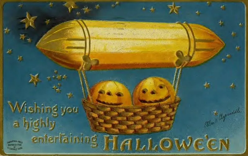 Embossed Halloween postcard showing a yellow dirigible airship carrying two jack-o'-lanterns in a wicker basket against a blue star-spangled sky, signed Ellen H. Clapsaddle at lower right