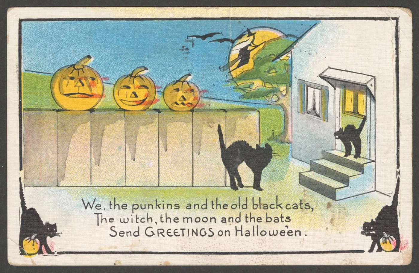 Flatly printed Halloween postcard of three jack-o'-lanterns on a fence with a black cat and a house, in a limited palette of sky blue, acid yellow and black, with visible colour misregistration and hand-lettered verse